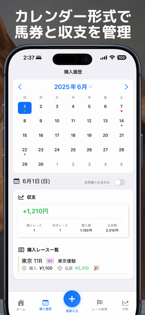馬券記録帳の馬券入力画面
